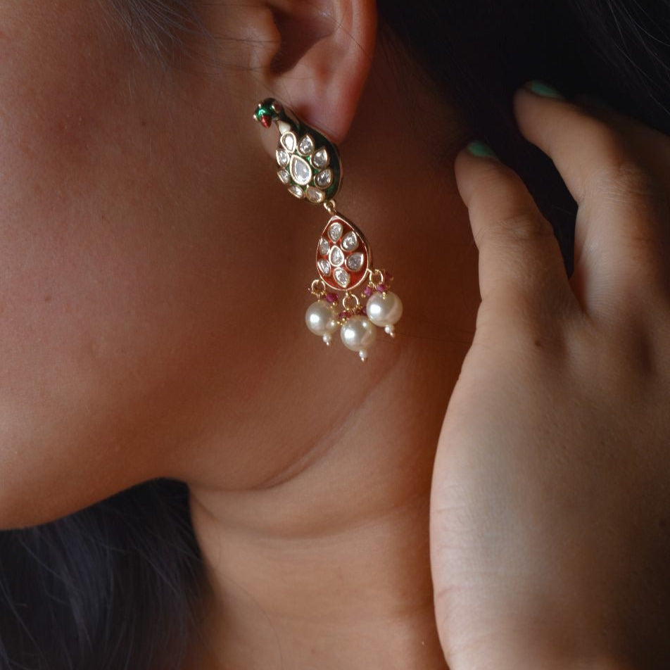 Peacock Meenakari Kundan Earrings - MR Jewels